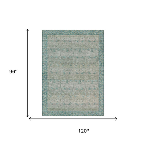 8' X 10' Teal Blue And Pewter Tribal Washable Indoor Outdoor Area Rug