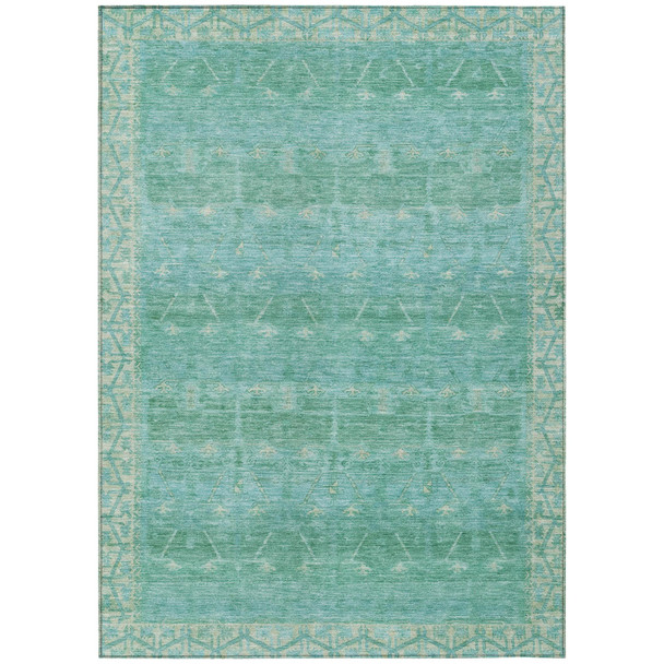 10' X 14' Green And Teal Blue Tribal Washable Indoor Outdoor Area Rug