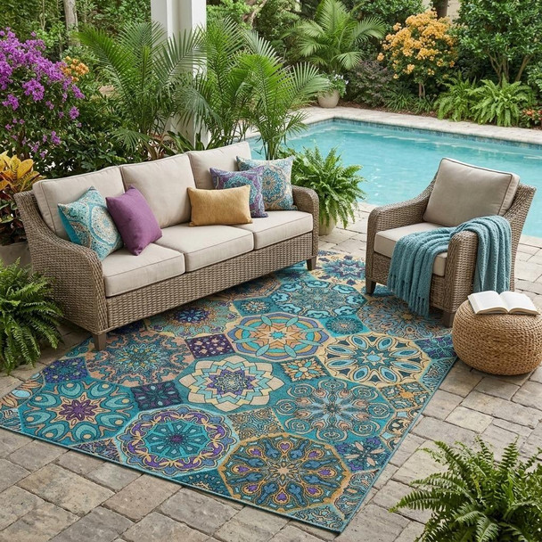 5' X 8' Teal Blue And Turquoise Patchwork Washable Indoor Outdoor Area Rug