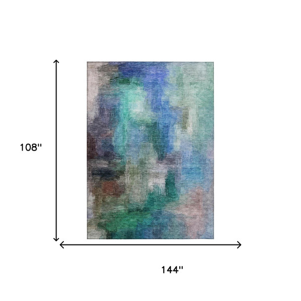 9' X 12' Teal Blue And Pewter Abstract Washable Indoor Outdoor Area Rug