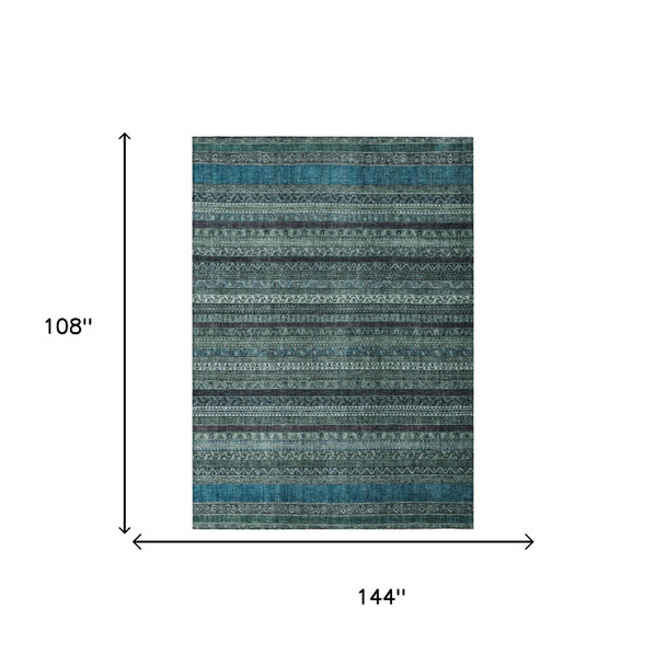 9' X 12' Teal Blue And Graphite Striped Washable Indoor Outdoor Area Rug