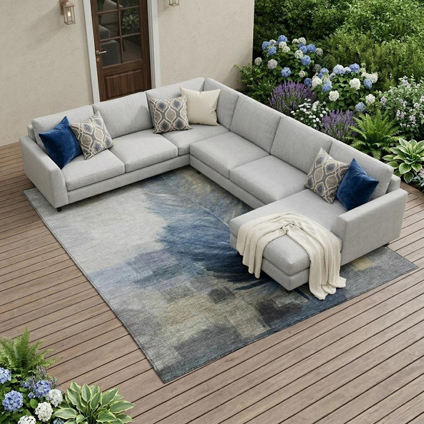 8' X 10' Blue And Pewter Botanical Leaves Washable Indoor Outdoor Area Rug