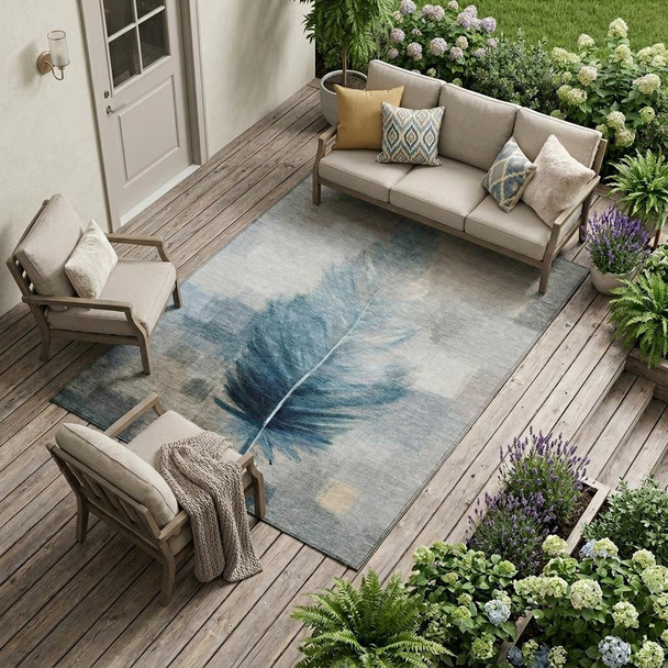 9' X 12' Teal Blue And Pewter Botanical Leaves Washable Indoor Outdoor Area Rug