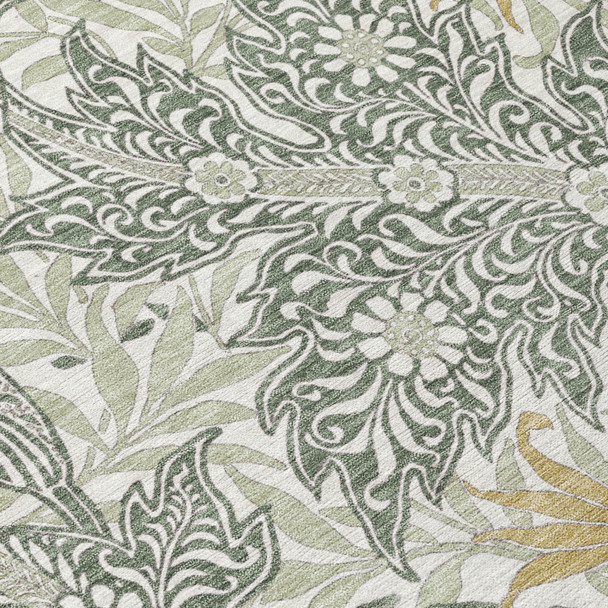 10' X 14' Green And Silver Botanical Leaves Washable Indoor Outdoor Area Rug