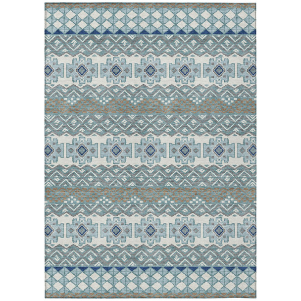 3' X 5' Teal Blue And Pewter Striped Washable Indoor Outdoor Area Rug