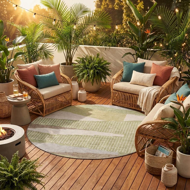 8' Sage And Green Round Abstract Washable Indoor Outdoor Area Rug