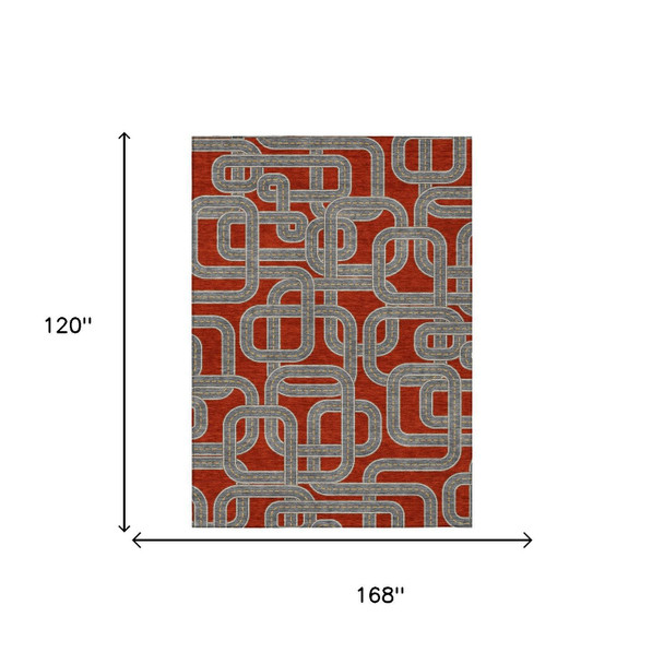 10' X 14' Red And Gray Geometric Washable Indoor Outdoor Area Rug