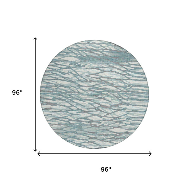 8' Teal Blue And Pewter Round Abstract Washable Indoor Outdoor Area Rug