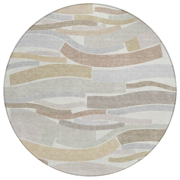 8' Ivory And Silver Round Striped Washable Indoor Outdoor Area Rug