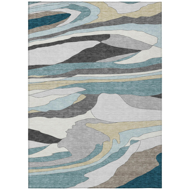 5' X 8' Teal Blue And Gray Abstract Washable Indoor Outdoor Area Rug