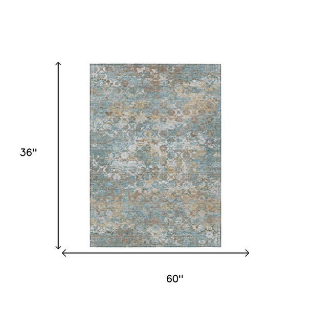 3' X 5' Teal Blue And Pewter Floral Medallion Washable Indoor Outdoor Area Rug