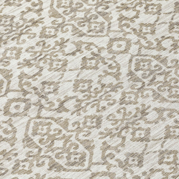 10' X 14' Ivory And Beige Damask Washable Indoor Outdoor Area Rug