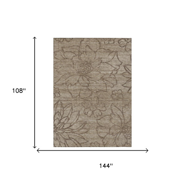 9' X 12' Beige And Brown Floral Washable Indoor Outdoor Area Rug