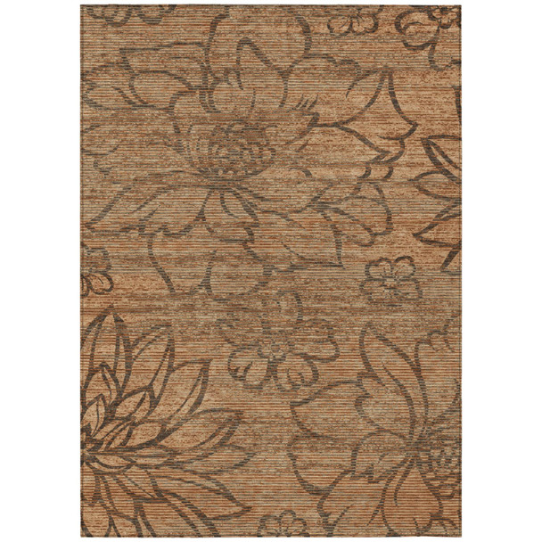 8' X 10' Copper And Orange Floral Washable Indoor Outdoor Area Rug