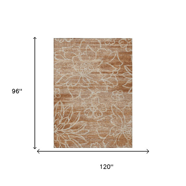 8' X 10' Orange And Rust Floral Washable Indoor Outdoor Area Rug
