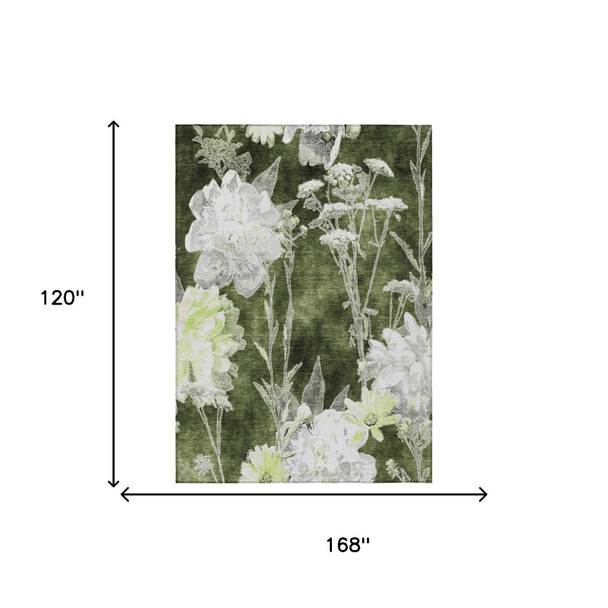 10' X 14' Olive Green And Green Floral Washable Indoor Outdoor Area Rug