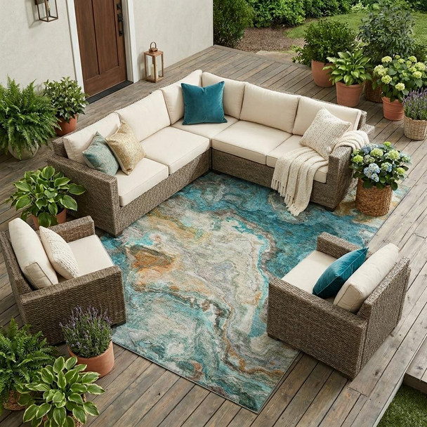 8' X 10' Aqua And Teal Blue Abstract Washable Indoor Outdoor Area Rug