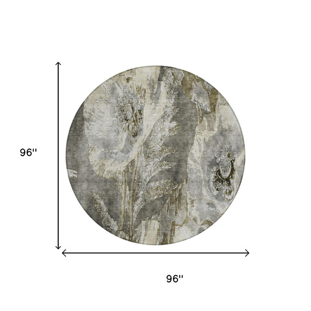 8' Pewter And Gray Round Floral Washable Indoor Outdoor Area Rug