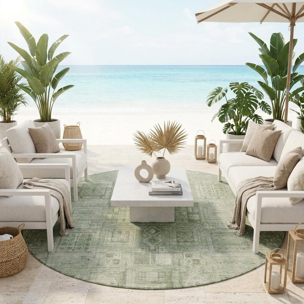 8' Green And Beige Round Oriental Washable Indoor Outdoor Area Rug