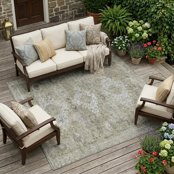 10' X 14' Beige And Brown Oriental Washable Indoor Outdoor Area Rug