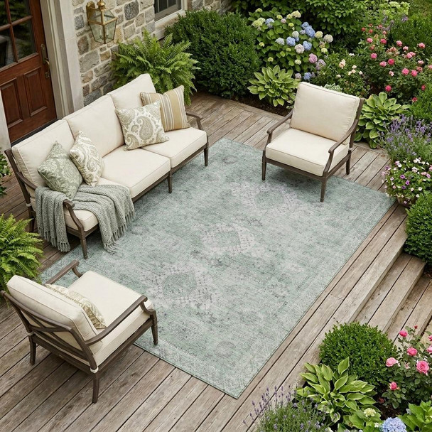 9' X 12' Mint Green And Green Oriental Washable Indoor Outdoor Area Rug