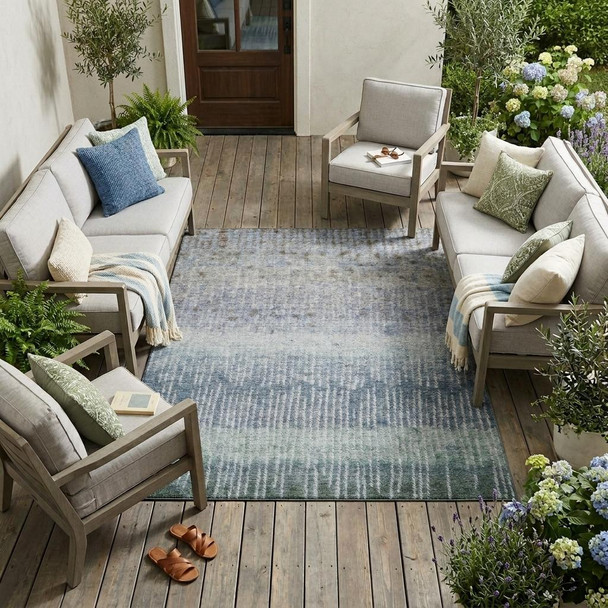 10' X 14' Blue And Silver Abstract Washable Indoor Outdoor Area Rug