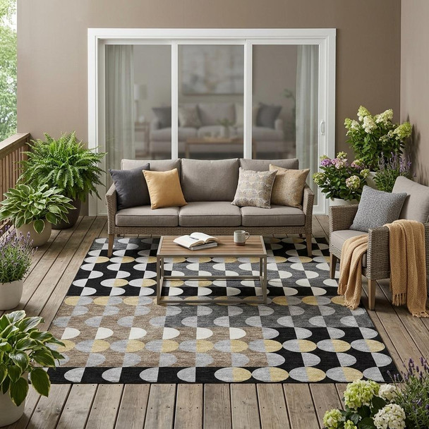 5' X 8' Black And Silver Geometric Washable Indoor Outdoor Area Rug