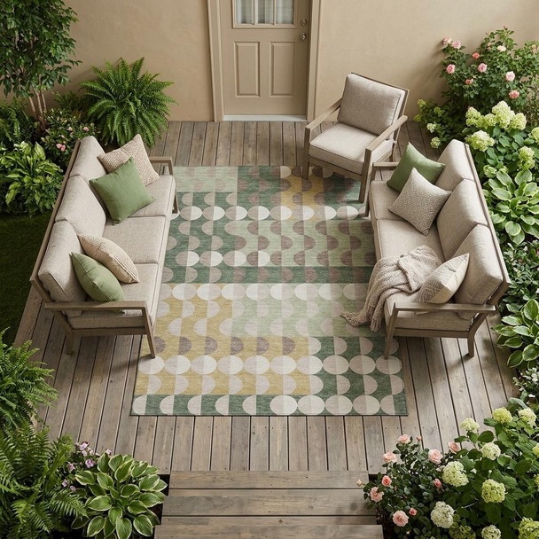 9' X 12' Green And Ivory Geometric Washable Indoor Outdoor Area Rug