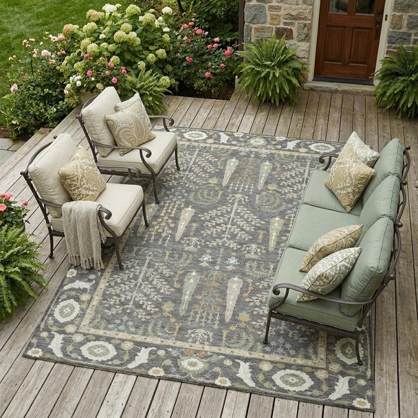 9' X 12' Gray And Graphite Oriental Washable Indoor Outdoor Area Rug