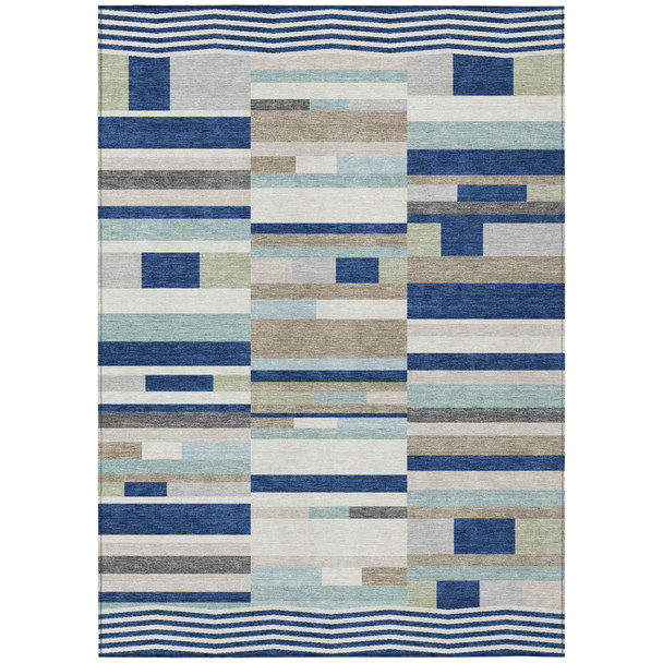 8' X 10' Navy Blue And Blue Striped Washable Indoor Outdoor Area Rug