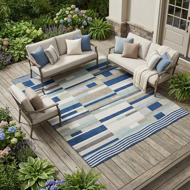 9' X 12' Navy Blue And Blue Striped Washable Indoor Outdoor Area Rug