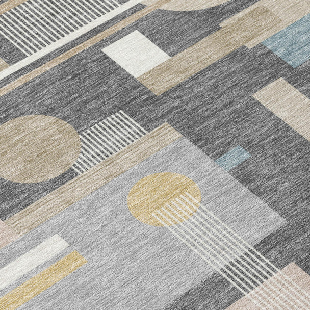 8' Gray And Graphite Round Geometric Washable Indoor Outdoor Area Rug