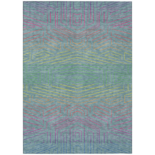 5' X 8' Teal Blue And Purple Geometric Washable Indoor Outdoor Area Rug