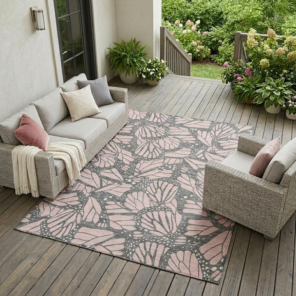 9' X 12' Pink And Graphite Animal Print Washable Indoor Outdoor Area Rug