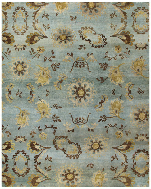 5' X 8' Blue Brown And Tan Wool Floral Hand Knotted Area Rug