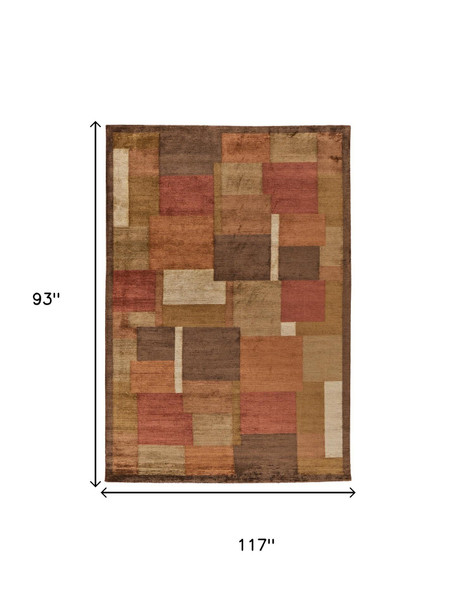 8' X 10' Green Brown And Orange Checkered Hand Knotted Area Rug