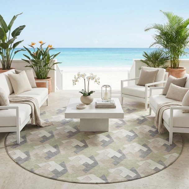 8' Green And Ivory Round Geometric Washable Indoor Outdoor Area Rug