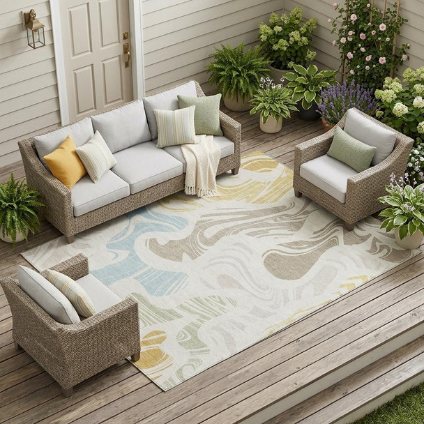 10' X 14' Ivory And Beige Abstract Washable Indoor Outdoor Area Rug