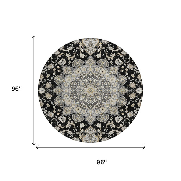 8' Black And Graphite Round Oriental Washable Indoor Outdoor Area Rug