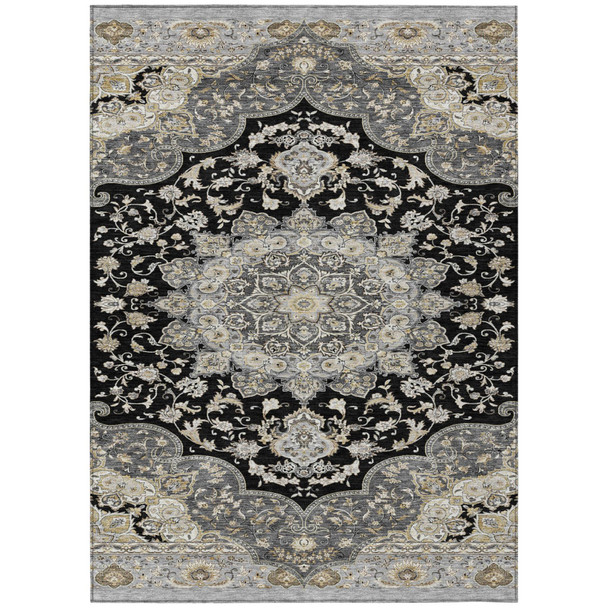 10' X 14' Black And Graphite Oriental Washable Indoor Outdoor Area Rug