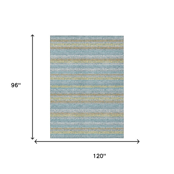 8' X 10' Teal Blue And Silver Striped Washable Indoor Outdoor Area Rug