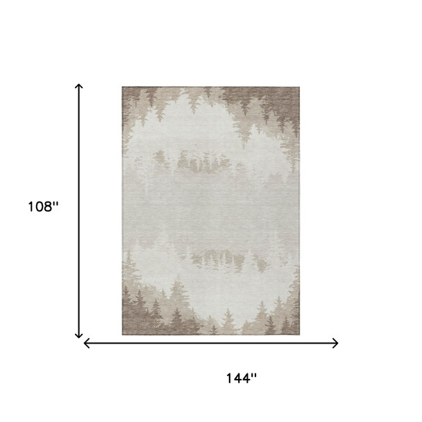 9' X 12' Ivory And Beige Floral Washable Indoor Outdoor Area Rug