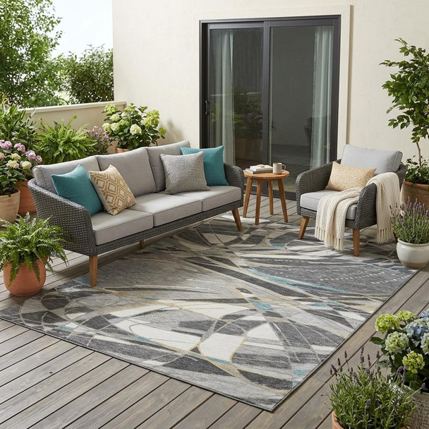 5' X 8' Gray And Graphite Abstract Washable Indoor Outdoor Area Rug