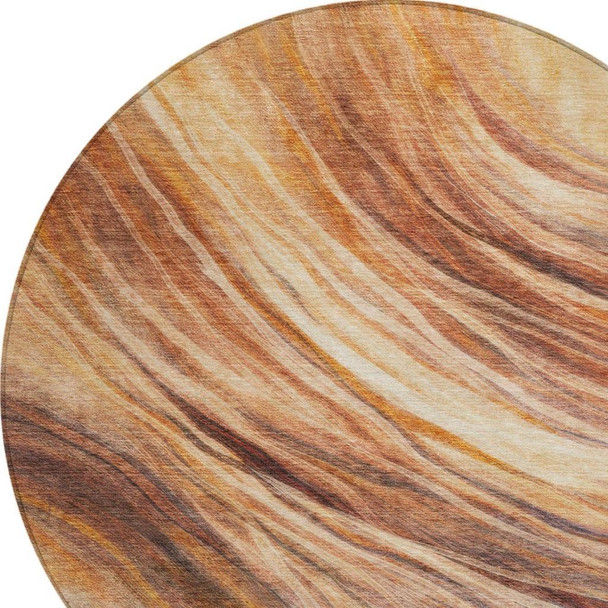 8' Orange And Brown Round Abstract Washable Indoor Outdoor Area Rug