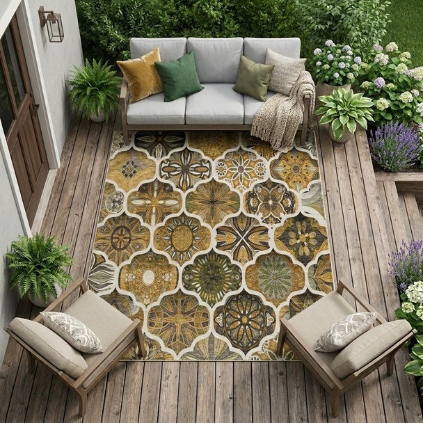 8' X 10' Brown And Chocolate Ogee Washable Indoor Outdoor Area Rug