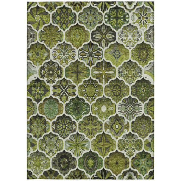 8' X 10' Olive Green And Green Ogee Washable Indoor Outdoor Area Rug