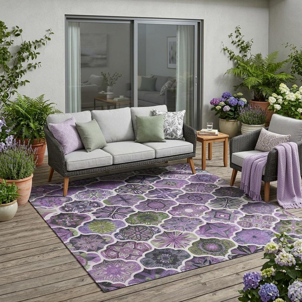 5' X 8' Plum And Purple Ogee Washable Indoor Outdoor Area Rug