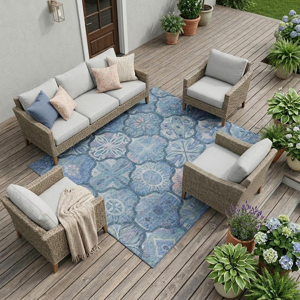 9' X 12' Denim Blue And Blue Ogee Washable Indoor Outdoor Area Rug
