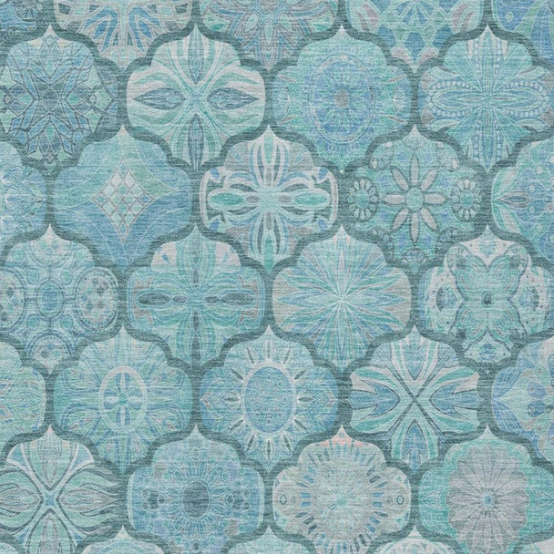 10' X 14' Teal Blue And Aqua Ogee Washable Indoor Outdoor Area Rug