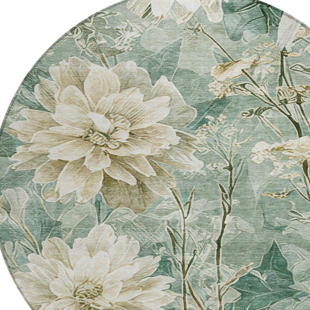 8' Green And Beige Round Floral Washable Indoor Outdoor Area Rug